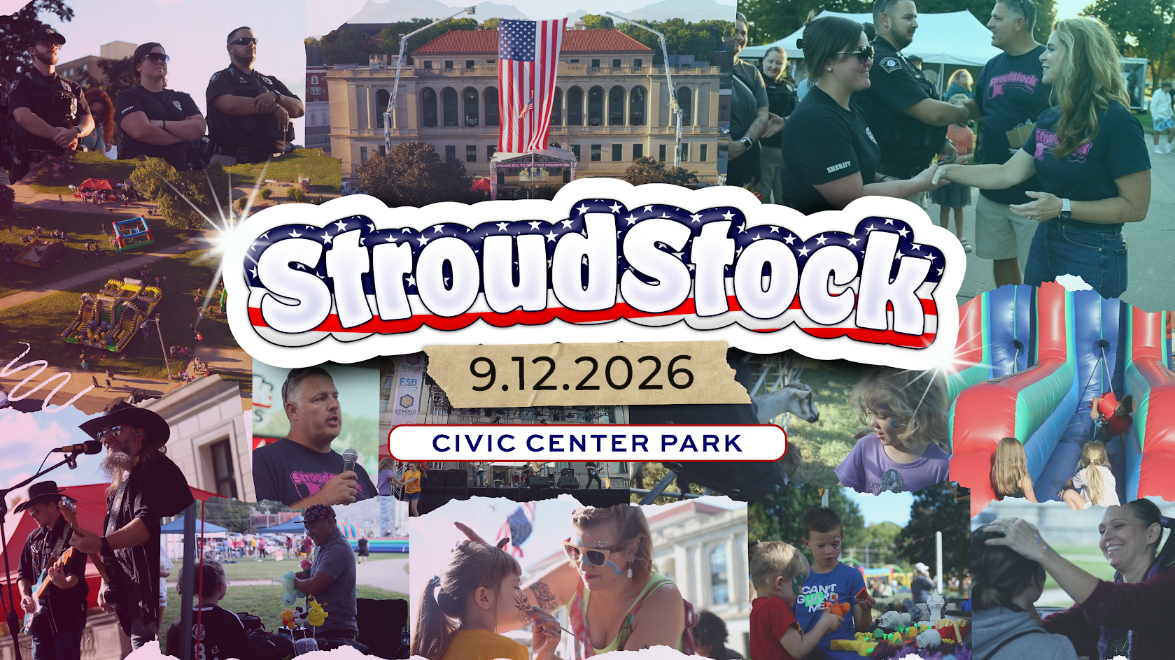 StroudStock community collage with the date September 12, 2026 and Civic Center Park